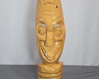 Vtg Hand Carve Wooden Tiki Statue Mask Totem Smiling Big Teeth Light 14.5x5"