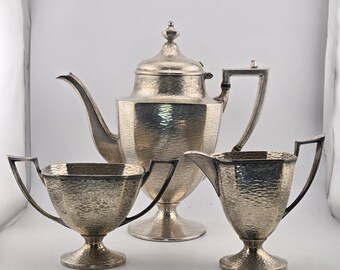 Homan Plate Vintage Arts Crafts Hammered Silverplate Tea Pot Creamer Sugar Set