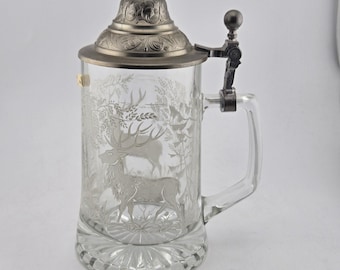 Vintage F.I.V.E. Italy Glass Beer Stein Pewter Lid West Germany Etched Stag 0.5L