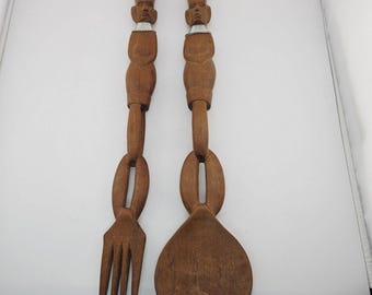 Vintage African Hand Carved Wood Salad Servers Tribal Figure Linked Chain 15"
