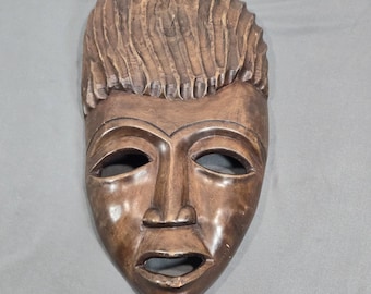 Vintage African Style Carved Wooden Mask Handcrafted Wall Hanging Decor 17x9