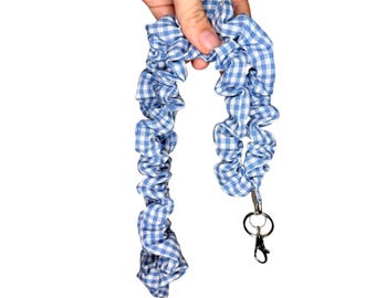 Blue Gingham Scrunchie Lanyard: Teacher Badge Holder, Phone Strap
