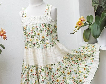 Vestido de primavera para niñas de flores silvestres, ropa de niña de verano boho, vestido de giro escalonado floral, talla 3 6 12 18 mes 2 3 4 5 6 7 8 10 12 14 16 Algodón