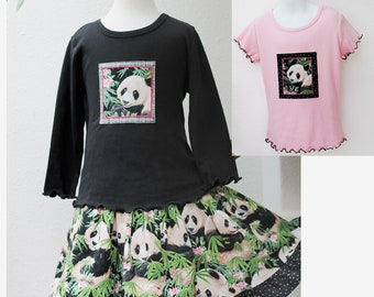 Panda Girl Clothes, Panda Twirl Skirt & Matching Top Set, Spring Outfit, Cotton Handmade Kid Clothes 2 3 4 5 6 7 8 10 12 14 Pre-teen Gift