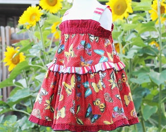 Sparkly Butterfly Red Cotton Baby Dress for Girl, Butterfly 1st Birthday Size 3 6 9 12 18 24 months Sundress, Baby Girl Clothes Handmade USA