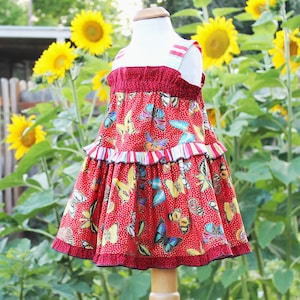 Sparkly Butterfly Red Cotton Dress for Girl, Butterfly Birthday 3 6 9 12 18 24 month 2 3 4 5 6 7 8 10 12 14 16 Girl Clothes Handmade USA