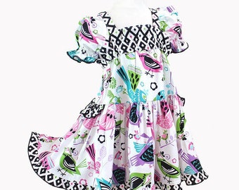 Vestido colorido moderno para niñas con pájaros, vestido para niñas de algodón Baby-doll, ropa para niñas de verano rosa púrpura verde azulado tamaño 2T 3 4 5 6 7 hecho a mano en EE. UU.