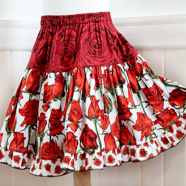 Red Rose Girls Skirt Gathered Ruffled Tiered Twirl Skirt Boutique Girl Clothes Cotton Children Clothing 2T 3T 4T 5 6 7 Kids Fall Attire