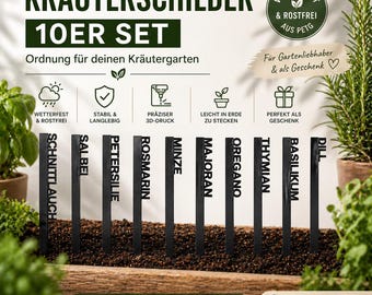 Kräuterschilder 10er Set Schwarz, Weiss| Pflanzenstecker Wetterfest | Kräuter Garten Hochbeet Balkon Küche | PETG Handmade Outdoor Geschenk