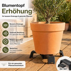 Könnte beinhalten: Ein terrakottafarbener Blumentopf mit einem kleinen Baum, erhöht auf einem schwarzen Kunststoffständer. Der Ständer soll die Drainage verbessern und ein gesundes Pflanzenwachstum fördern. Der Text auf dem Bild lautet "Blumentopf Erhöhung" und "3er Set".