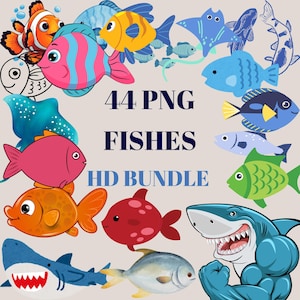 44 PNG Fish Clipart Bundle - High-Resolution Sea Life Graphics for Crafts, Apparel, Posters, & Kids' Projects! Download Now for Aquatic Fun