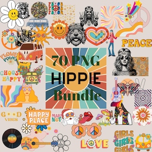 Puede incluir: Una descarga digital de 70 imágenes PNG con diseños de temática hippie. Las imágenes incluyen signos de paz, flores, caras sonrientes y el texto "70 PNG Hippie Bundle".