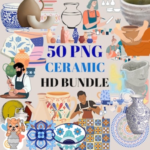 May include: A collection of 50 high-definition PNG images featuring various ceramic designs. The images include mugs, plates, bowls, vases, and other decorative items in a variety of colors and patterns. The text "50 PNG CERAMIC HD BUNDLE" is displayed in the center of the image.