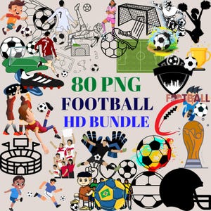 80 PNG Fußball Clipart-Bundle | Hochauflösende Designs für Sublimationsdruck, T-Shirts, Aufkleber, DIY Kunsthandwerk und Sportprojekte