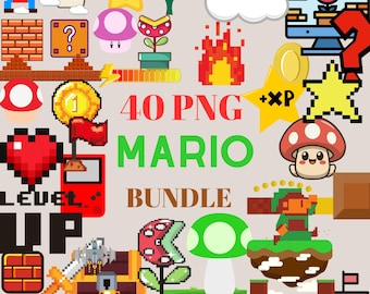 May include: A set of 40 pixel art PNG images featuring characters and objects from the Super Mario video game franchise. The images include Mario, Luigi, Princess Peach, Bowser, Goombas, Koopa Troopas, and more. The images are ideal for use in digital projects, such as websites, social media, and presentations.