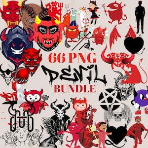 Paquete de 66 imágenes prediseñadas PNG de diablos: decoración de Halloween, pegatinas digitales, invitaciones espeluznantes, manualidades de bricolaje, artículos para fiestas, diseños de camisetas de sublimación