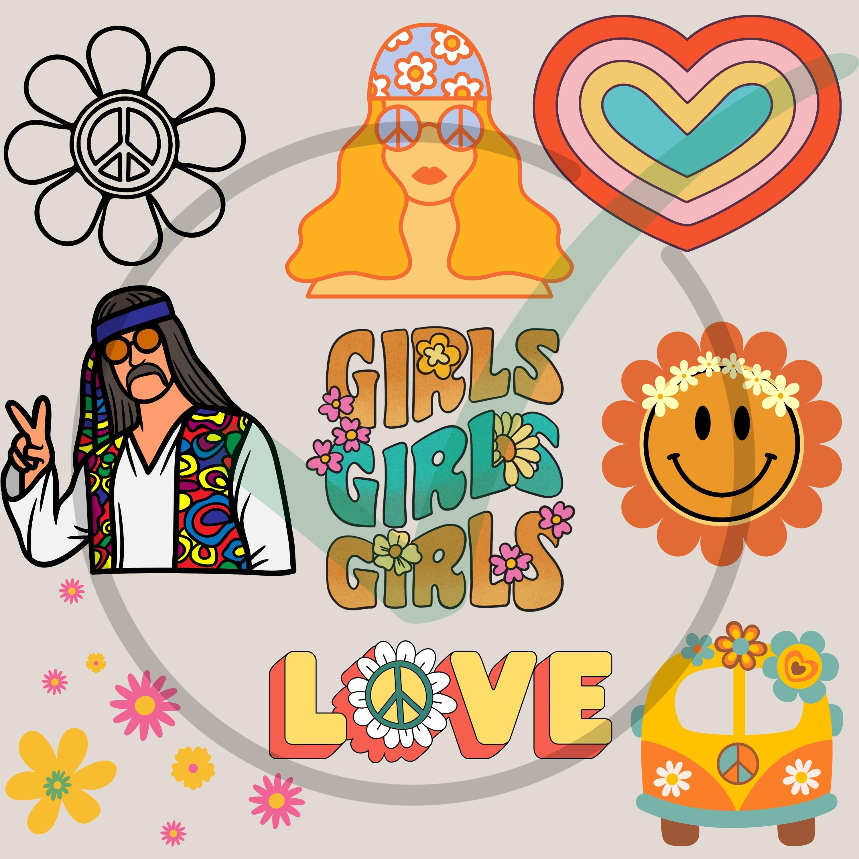 70 PNG Hippie Bundle | Retro Flower Power Clipart, Peace Signs Good ...