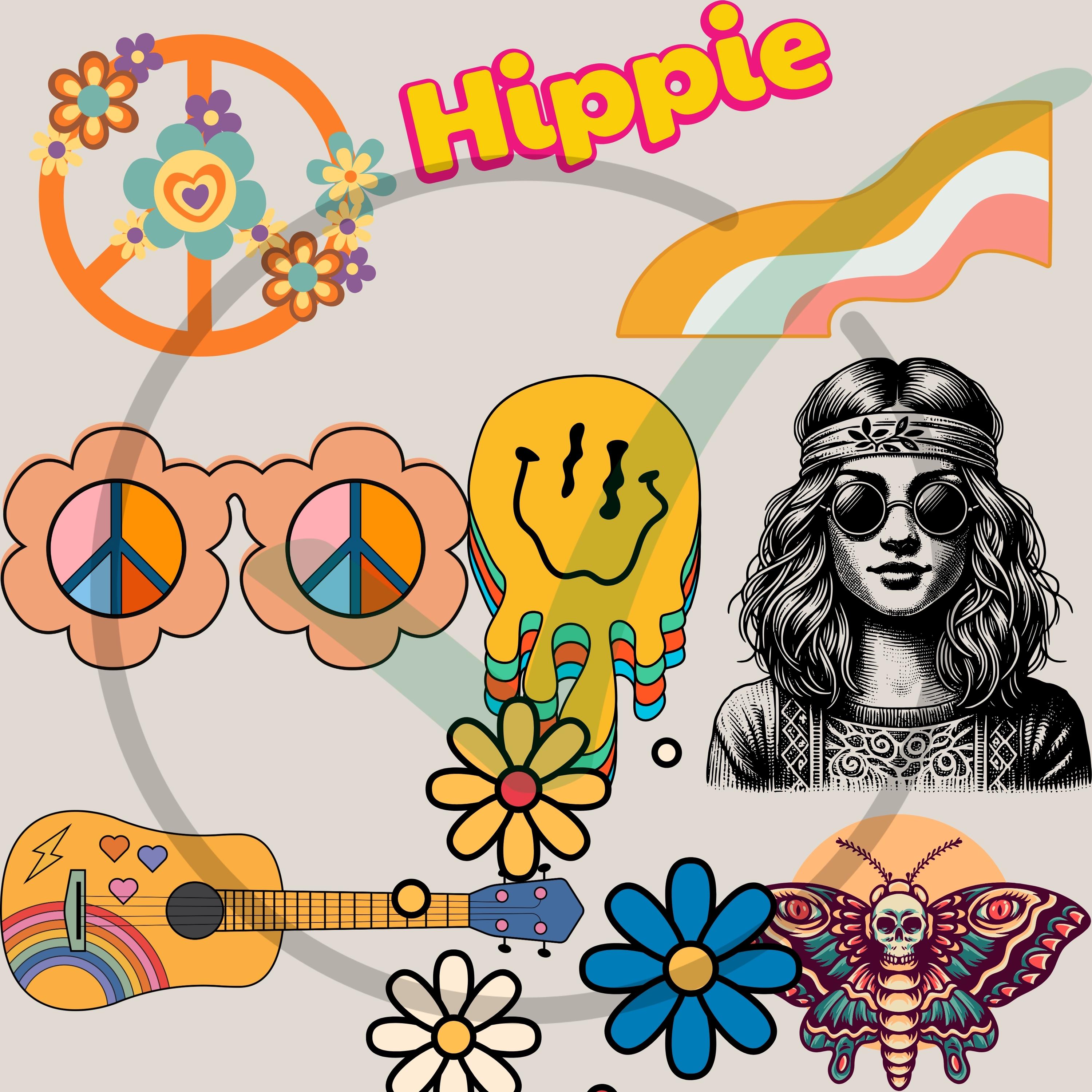 70 PNG Hippie Bundle | Retro Flower Power Clipart, Peace Signs Good ...