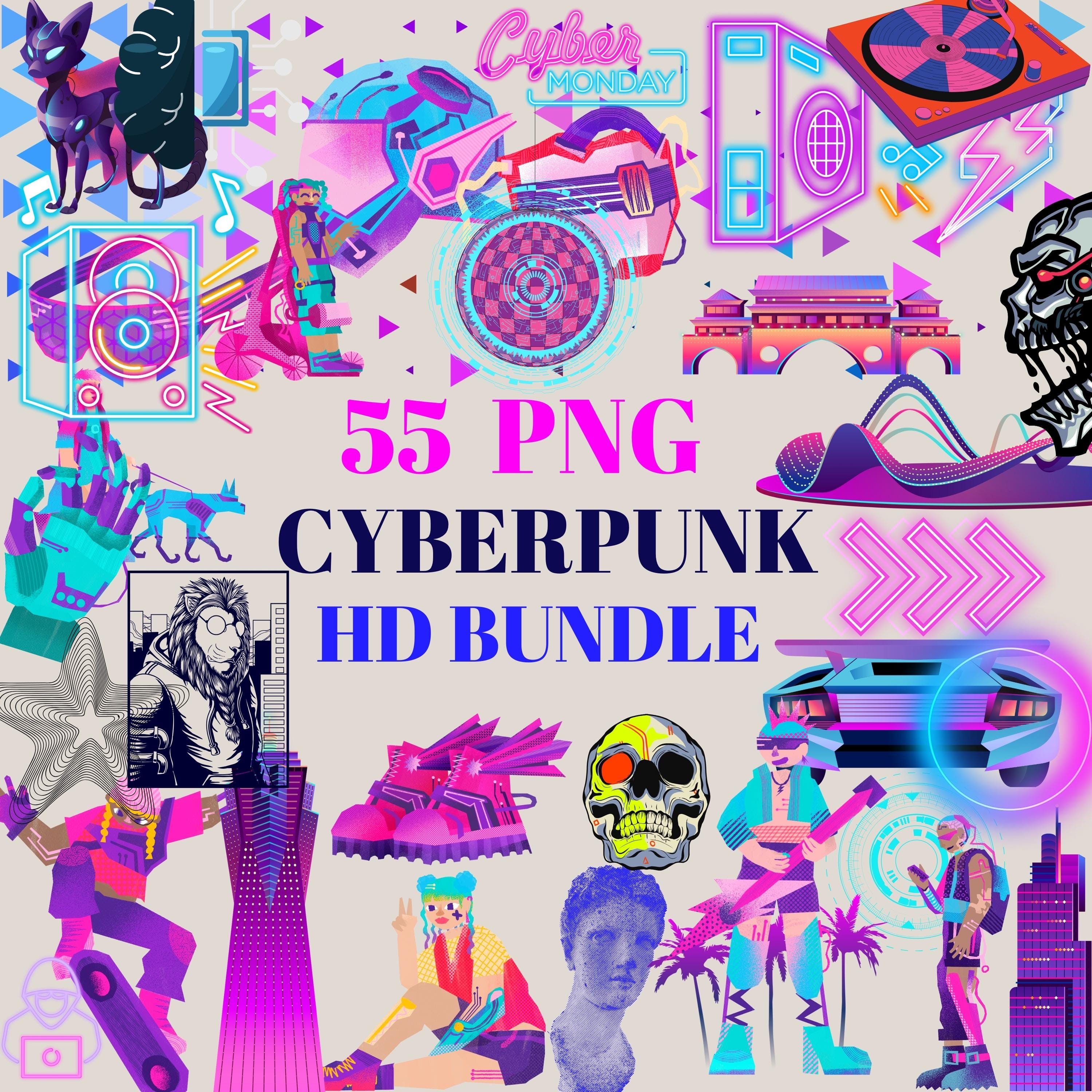 55 Cyberpunk PNG Bundle | HD Clipart for Retro-futuristic Design, Neon ...