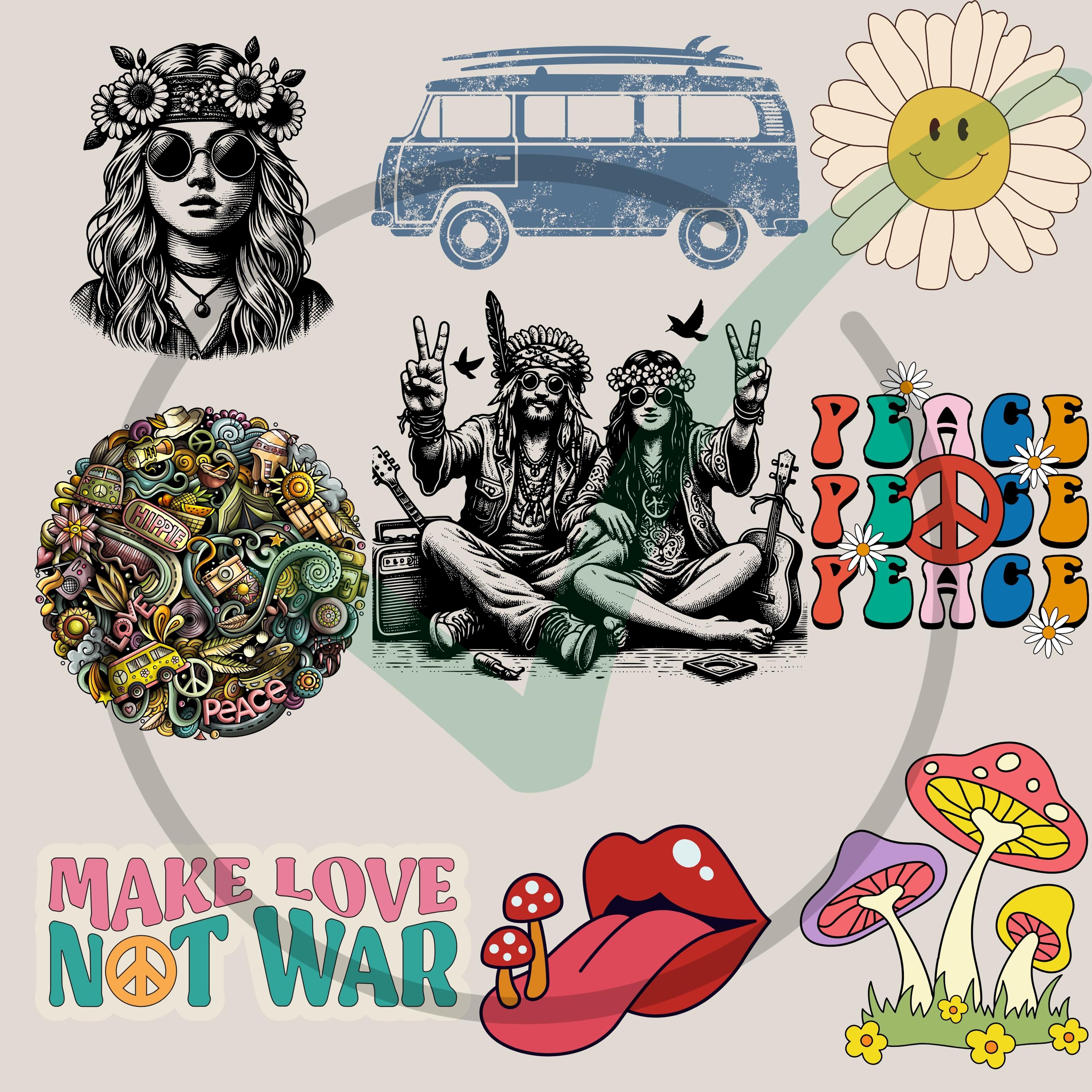 70 PNG Hippie Bundle | Retro Flower Power Clipart, Peace Signs Good ...