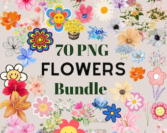 70 PNG Flower Clipart Bundle | Retro, Boho, Watercolor & Wildflower Designs for Sublimation, DIY Crafts, Stickers, Floral Prints Invitations