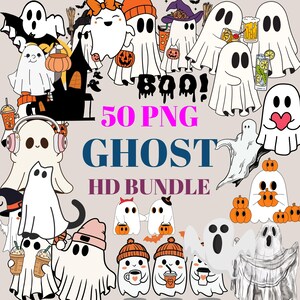 50 PNG Ghost Clipart Bundle – Spooky & Fun Halloween Graphics, Perfect for DIY Crafts, Stickers, and Decor!