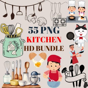 Pacote de clipart de cozinha com 55 PNG - Ilustrações culinárias de alta qualidade para artesanato, receitas e projetos criativos DIY