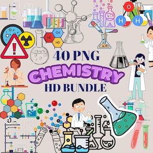 以下が含まれることがあります： 化学機器、分子、科学者のカラフルなイラストが描かれた、高画質のPNG画像40点セット。紫色のバナーに「40 PNG CHEMISTRY HD BUNDLE」の文字が表示されています。