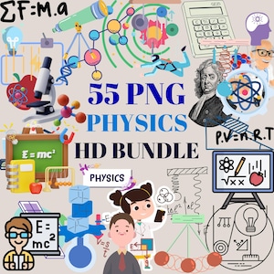 Könnte beinhalten: Eine bunte Illustration von 55 PNG-Bildern zum Thema Physik. Das Bild enthält eine Vielzahl von physikalischen Konzepten wie Atome, Moleküle, Schwerkraft und Elektrizität. Der Text "55 PNG PHYSICS HD BUNDLE" wird in großen, fetten Buchstaben angezeigt.