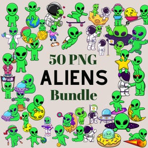50 PNG Aliens Bundle - High-Quality Transparent Digital Art for T-Shirts, Mugs, Tattoos, and More, instant download, Spaceman Alien ClipArt