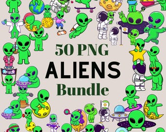Paquete de 50 extraterrestres PNG: arte digital transparente de alta calidad para camisetas, tazas, tatuajes y más, descarga instantánea, clipArt de extraterrestre astronauta