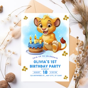 Invitación de cumpleaños de Simba, invitación a la fiesta del Rey León, tema de jungla personalizable, celebración de safari personalizada, tarjeta de cumpleaños para niños