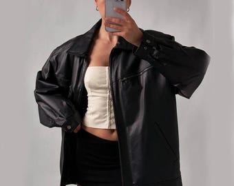 Women 1980's Vintage Oversize Black Genuine Sheepskin Unique Style Vintage Oversized Boxy Ladies Retro Leather Jacket, Best Gift For Her
