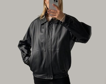 Vintage 1980s Oversized Sheepskin Leather Bomber Jacket