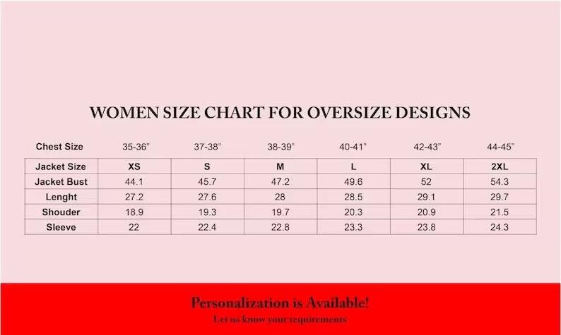 Op de afbeelding: Een maattabel voor oversized damesontwerpen, metingen in inches. De tabel bevat borstomvang, jasmaat, jasomvang, lengte, schouder- en mouwmaten, vari&euml;rend van XS tot 2XL. Tekst onderaan: "Personalisatie is beschikbaar!"