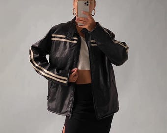 1980s Women Handmade Vintage Black Oversize Bomber Retro Racer Real Leather Jacket Coat | Ladies Genuine Leather Jacket | Gift for women