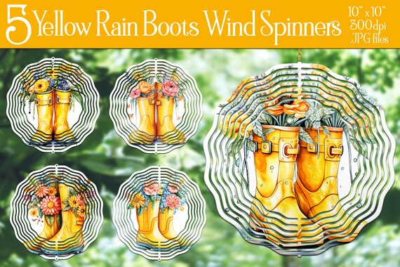 Yellow Rain Boots with Flowers Wind Spinner Sublimation | Boots and Flowers Wind Spinners | Garden Wind Spinner | Sublimation Wind Spinners