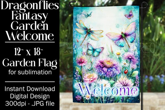 Dragonflies Garden Flag Sublimation Design, 12x18 Garden Flag, Gift for Gardener, Sublimation Garden Flag,  Floral Fantasy Garden Flag, f5
