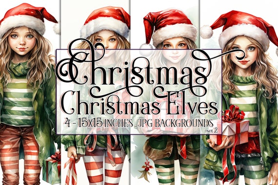 Christmas Elves Watercolor 15x15 Backgrounds, Christmas Elf, Santa's Little Helper, Santa's Helper, North Pole, Holiday Elf, Sublimation