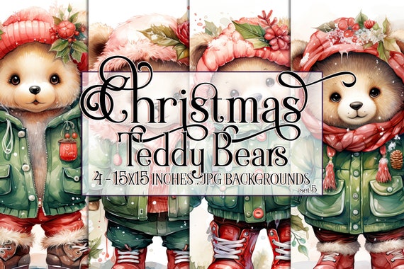 Christmas Bear Watercolor 15x15 Backgrounds, Christmas Teddy Bear, Brown Teddy Bear, Holiday Bear, Red Green, Christmas Sublimation
