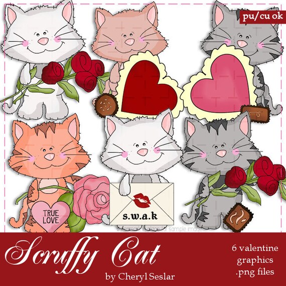 Scruffy Cat Be My Valentine Clip Art by Cheryl Seslar