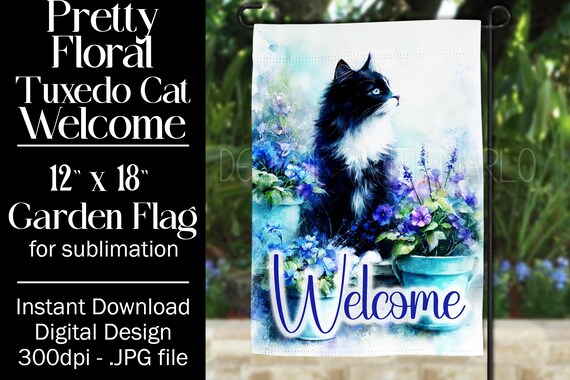 Tuxedo Cat Garden Flag Sublimation Design, 12x18 Garden Flag, Gift for Cat Lover, Sublimation Design,  Floral Cat Garden Flag, f3