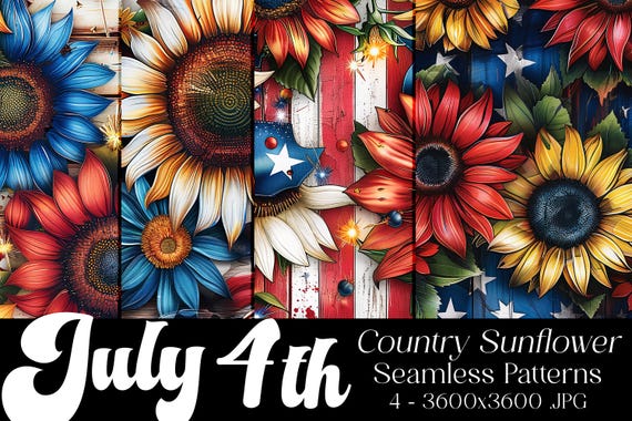 July 4th Seamless Patterns, July 4th Patterns, Sunflower Patterns, July 4th Sunflowers, 4th of July, Country Sunflowers, Seamless Patterns