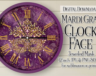 Mardi Gras Clock, Mardi Gras Clock Face, Mardi Gras Jeweled Mask Clock, Printable Clock Face, Sublimation Clock, DIY Clock, Clock Face png