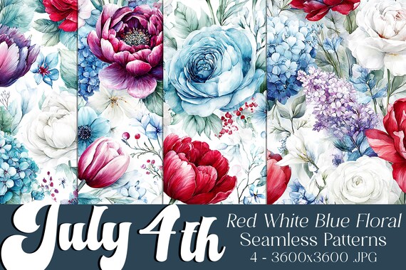 July 4th Seamless Patterns, July 4th Patterns, Red White Blue Flower Pattern, July 4th Flowers, 4th of July Flowers, Floral Seamless Pattern