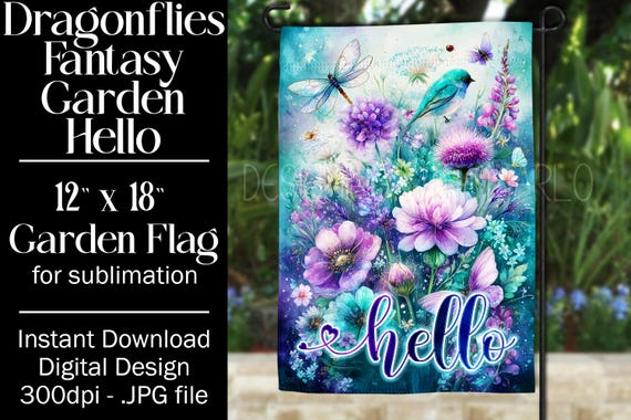 Dragonflies Garden Flag Sublimation Design, 12x18 Garden Flag, Gift for Gardener, Sublimation Garden Flag,  Floral Fantasy Garden Flag