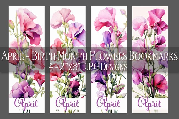 April Bookmark, Floral Printable Bookmark, Sweetpea Bookmark, Spring Bookmark, Printable, JPG Bookmark, Sublimation, April Birthday