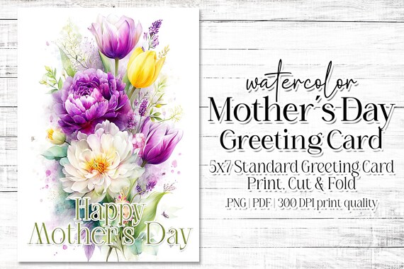Happy Mother's Day Card - Card for Mom - Mother's Day Printable - 5"x7" - Greeting Card Printable - Watercolor Floral Printable Card