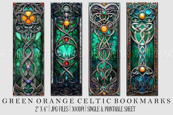 Irish Celtic Printable Bookmark, Irish Bookmark, Celtic Bookmark, Printable, JPG Bookmark, St Patrick's Day, Fantasy Bookmark, Green Orange