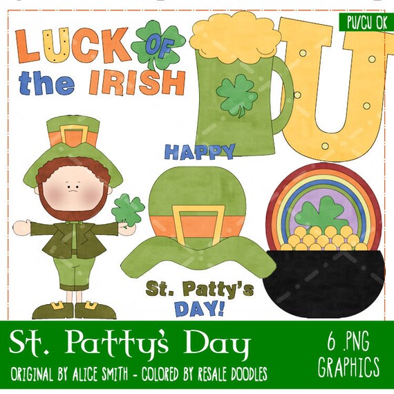 St Patty's Day - St Patrick's Day Clipart - Leprechaun - Rainbow - Pot of Gold - Irish - Luck of Irish - March 17th - Beer - Resale Doodles